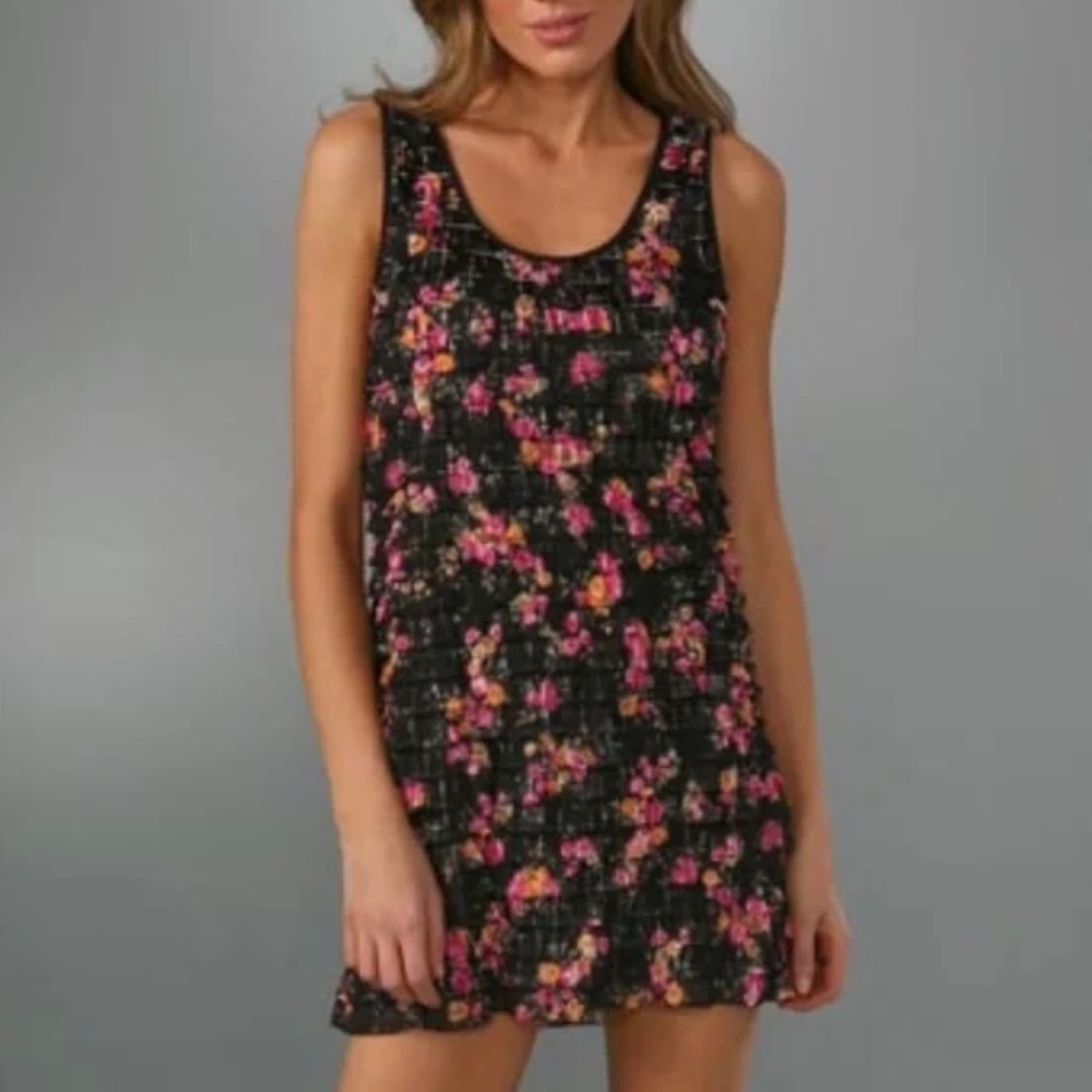 Free People | Patra Black Floral Boho Romantic Coquette Ruffle Mini Dress Size S